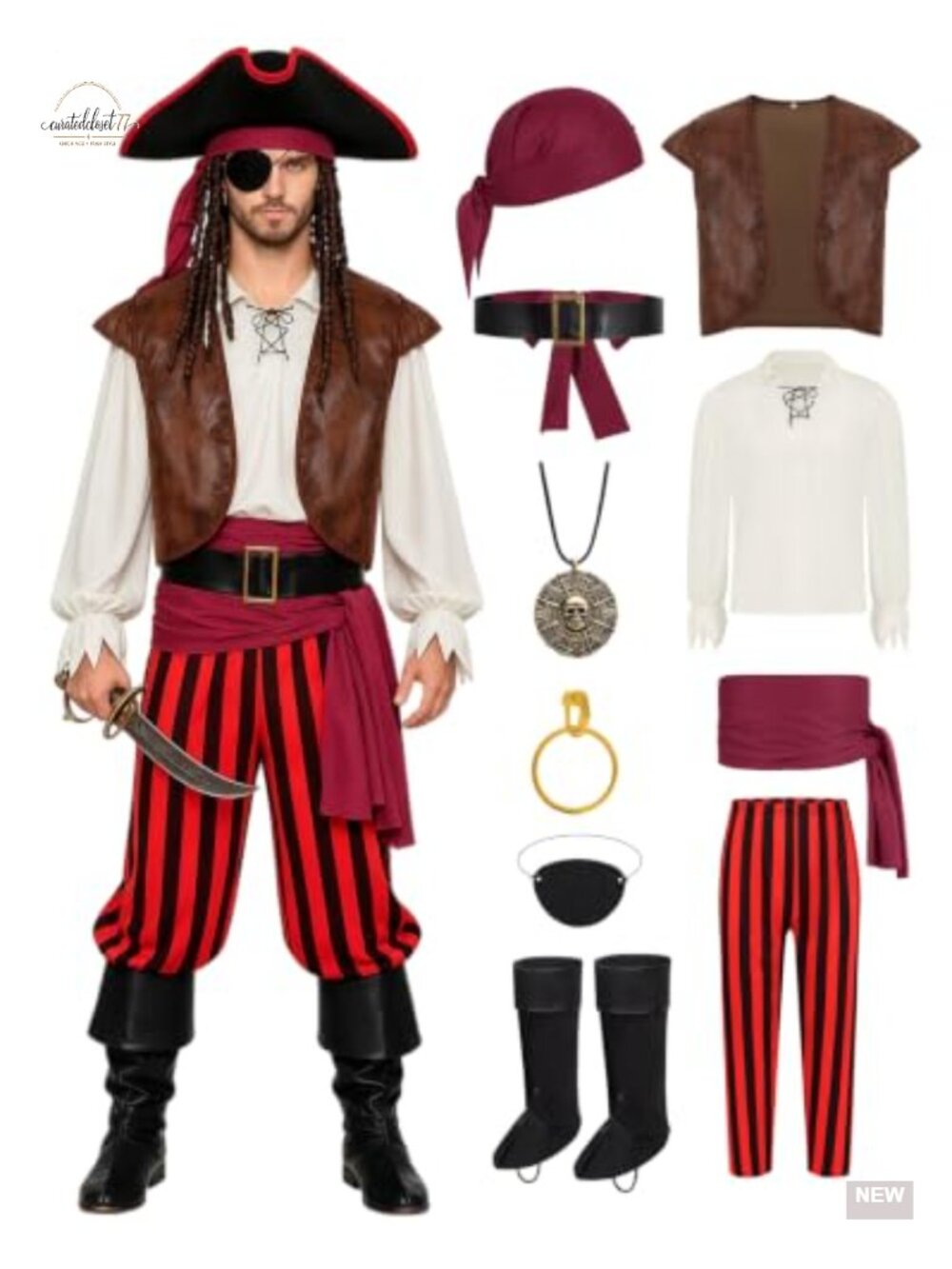 Men's Pirate Costume Set 9 Piece Polyester Nylon Halloween Cosplay